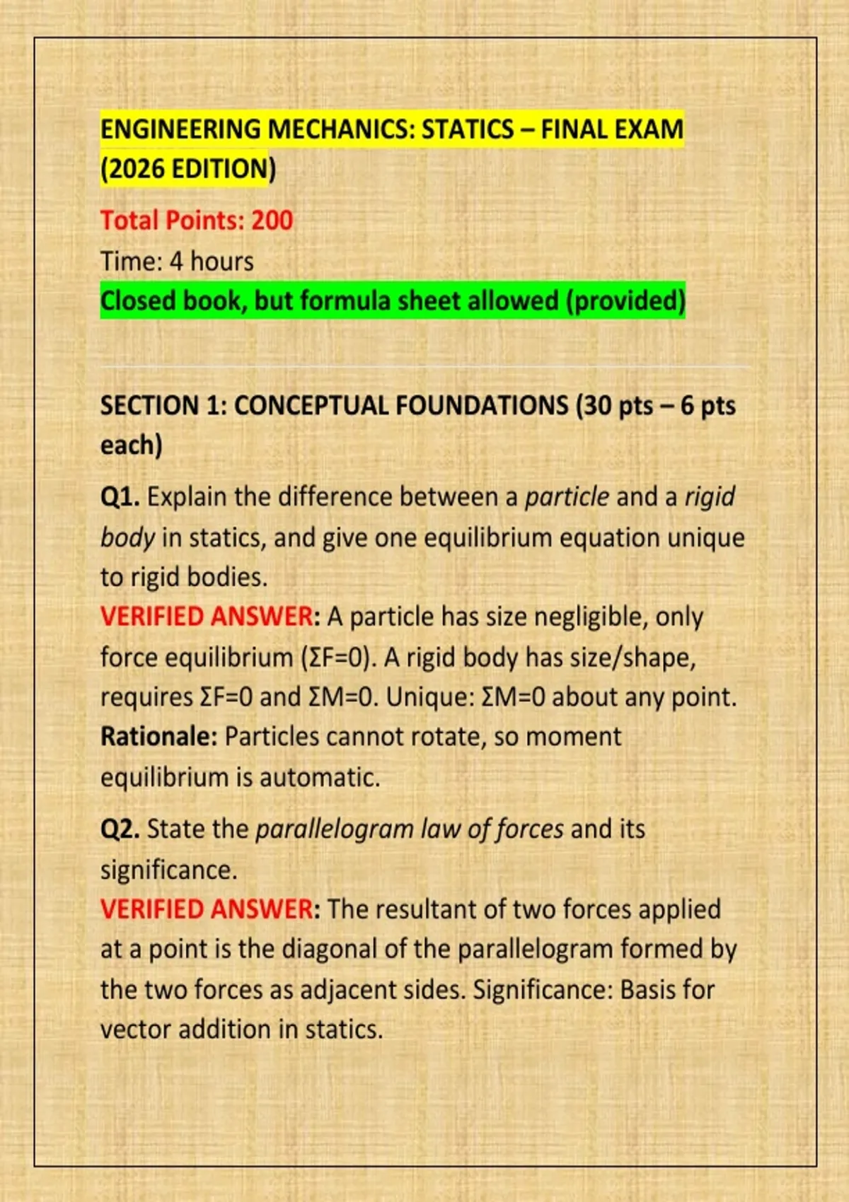 ENGINEERING MECHANICS: STATICS – FINAL EXAM (2026 EDITION) - 3x@m ...