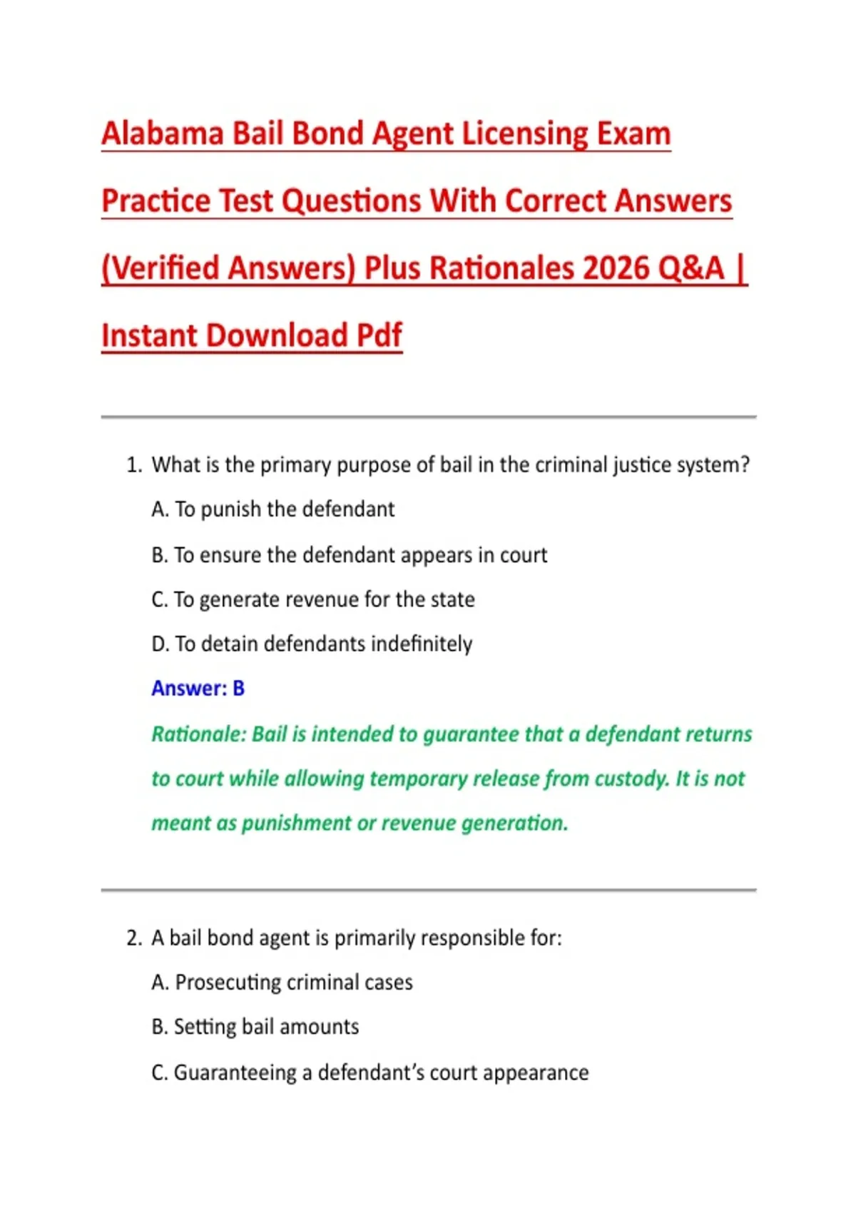 Alabama Bail Bond Agent Licensing Exam Practice Test Questions With ...