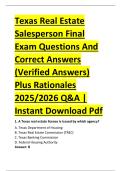 Texas Real Estate &NewLine;Salesperson Final &NewLine;Exam Questions And &NewLine;Correct Answers &NewLine;&lpar;Verified Answers&rpar; &NewLine;Plus Rationales &NewLine;2025&sol;2026 Q&A &vert; &NewLine;Instant Download Pdf 