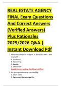 REAL ESTATE AGENCY &NewLine;FINAL Exam Questions &NewLine;And Correct Answers &NewLine;&lpar;Verified Answers&rpar; &NewLine;Plus Rationales &NewLine;2025&sol;2026 Q&A &vert; &NewLine;Instant Download Pdf
