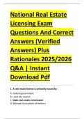 National Real Estate &NewLine;Licensing Exam &NewLine;Questions And Correct &NewLine;Answers &lpar;Verified &NewLine;Answers&rpar; Plus &NewLine;Rationales 2025&sol;2026 &NewLine;Q&A &vert; Instant &NewLine;Download Pdf