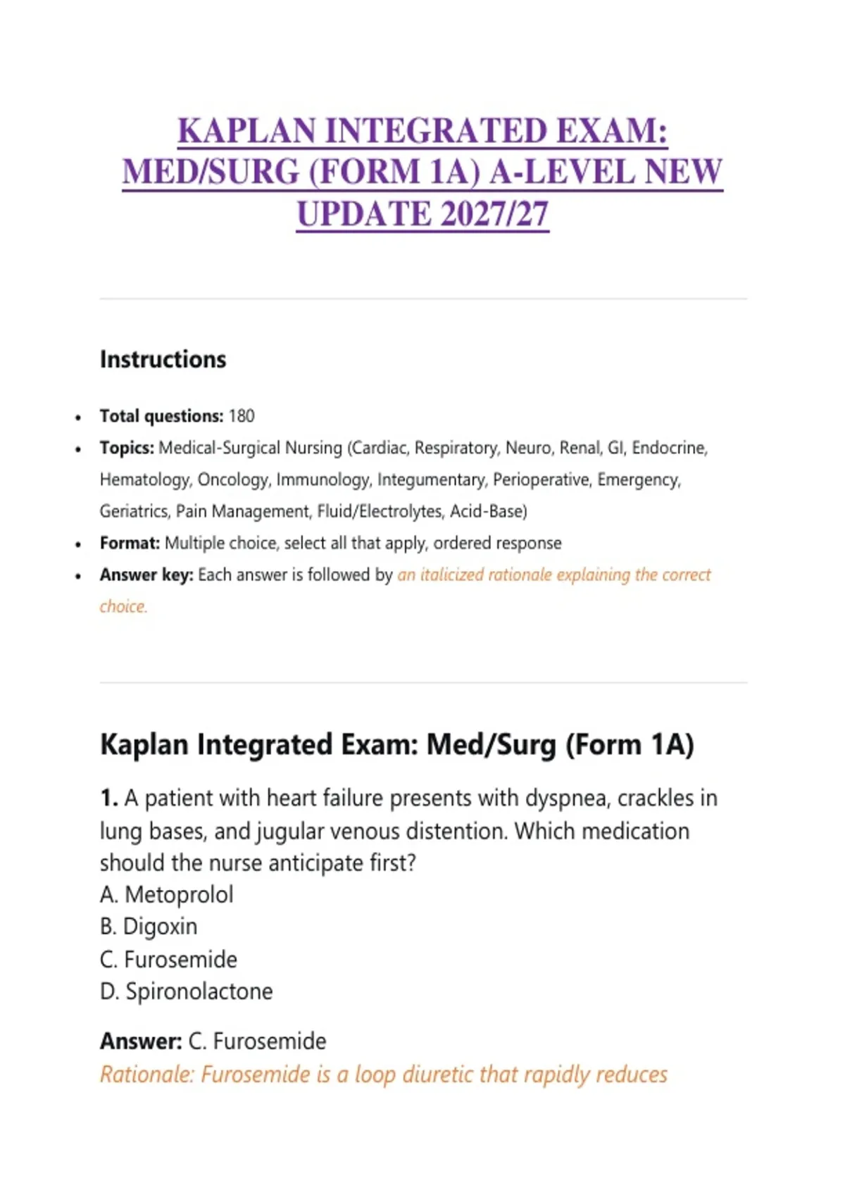 KAPLAN INTEGRATED EXAM: MED/SURG (FORM 1A) A-LEVEL NEW UPDATE 2027/27 ...