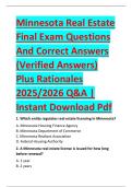 Minnesota Real Estate &NewLine;Final Exam Questions &NewLine;And Correct Answers &NewLine;&lpar;Verified Answers&rpar; &NewLine;Plus Rationales &NewLine;2025&sol;2026 Q&A &vert; &NewLine;Instant Download Pdf 