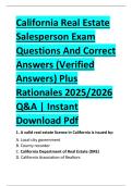 California Real Estate &NewLine;Salesperson Exam &NewLine;Questions And Correct &NewLine;Answers &lpar;Verified &NewLine;Answers&rpar; Plus &NewLine;Rationales 2025&sol;2026 &NewLine;Q&A &vert; Instant &NewLine;Download Pdf 