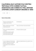 CALIFORNIA DMV MOTORCYCLE WRITTEN TEST EXAM WITH CORRECT ACTUAL QUESTIONS AND CORRECTLY WELL DEFINED ANSWERS LATEST ALREADY GRADED A&plus; 2026