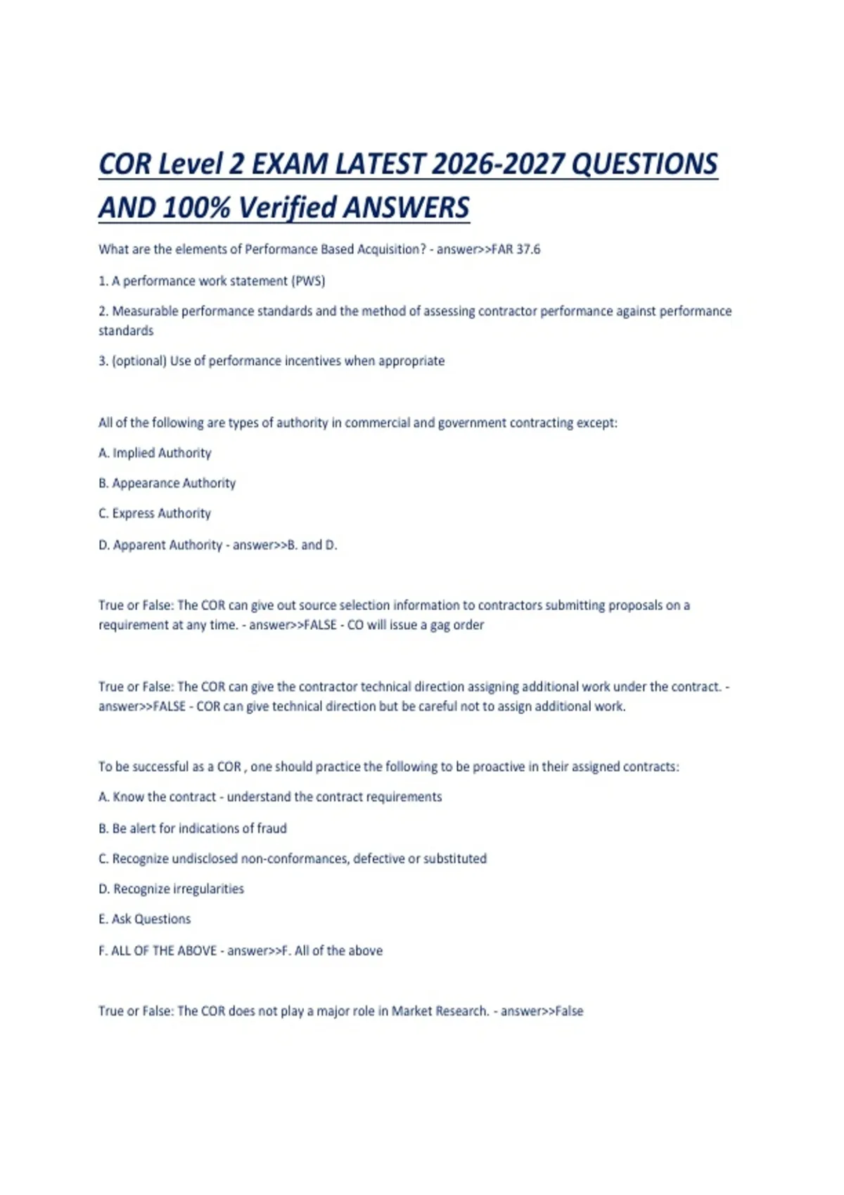 COR Level 2 EXAM LATEST QUESTIONS AND 100- Verified ANSWERS - Health ...