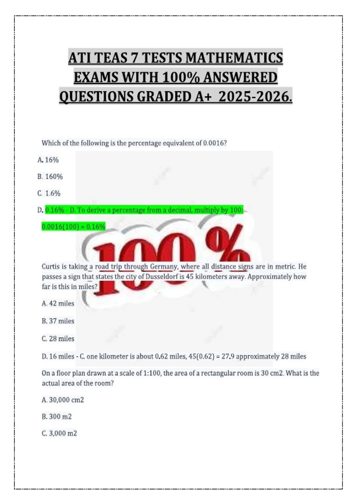 ATI TEAS 7 TESTS MATHEMATICS EXAMS WITH 100% ANSWERED QUESTIONS GRADED ...