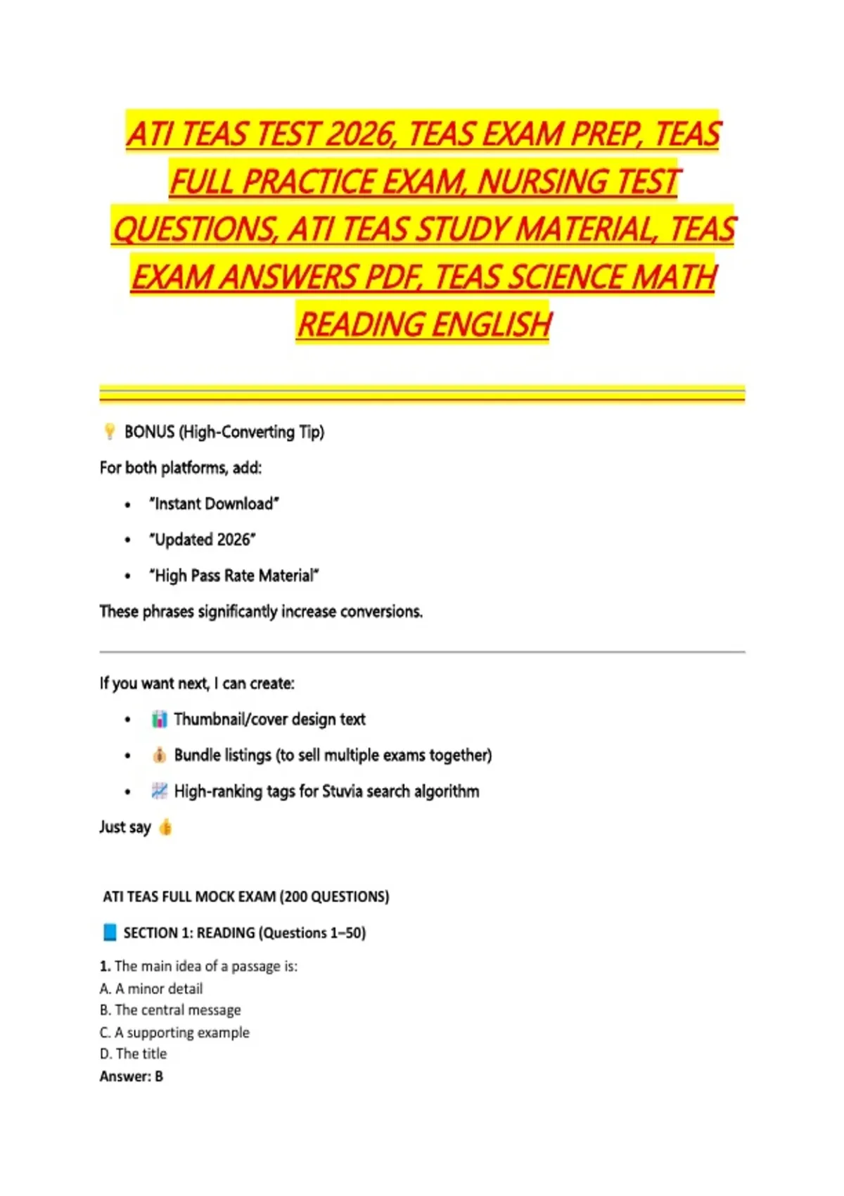ATI TEAS TEST 2026, TEAS EXAM PREP, TEAS FULL PRACTICE EXAM, NURSING ...