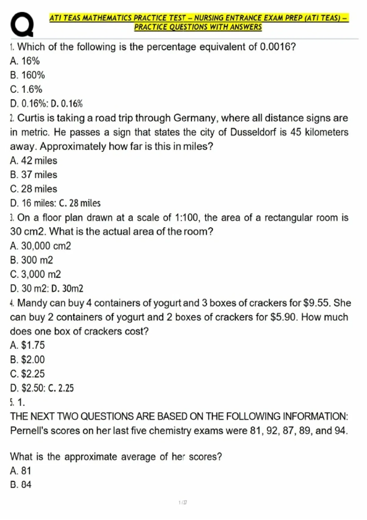 ATI TEAS MATHEMATICS PRACTICE TEST – NURSING ENTRANCE EXAM PREP (ATI ...