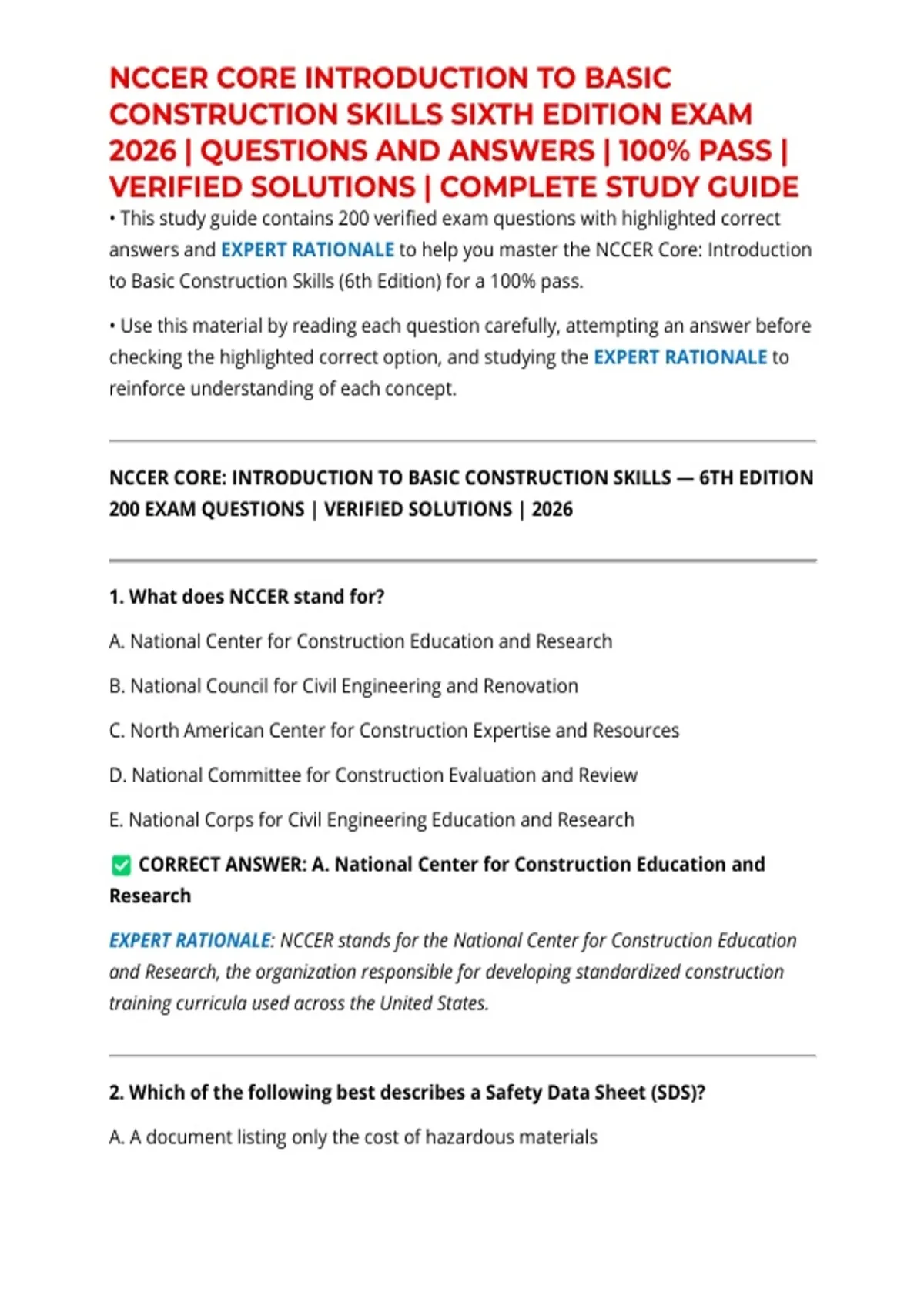 NCCER CORE INTRODUCTION TO BASIC CONSTRUCTION SKILLS SIXTH EDITION EXAM ...