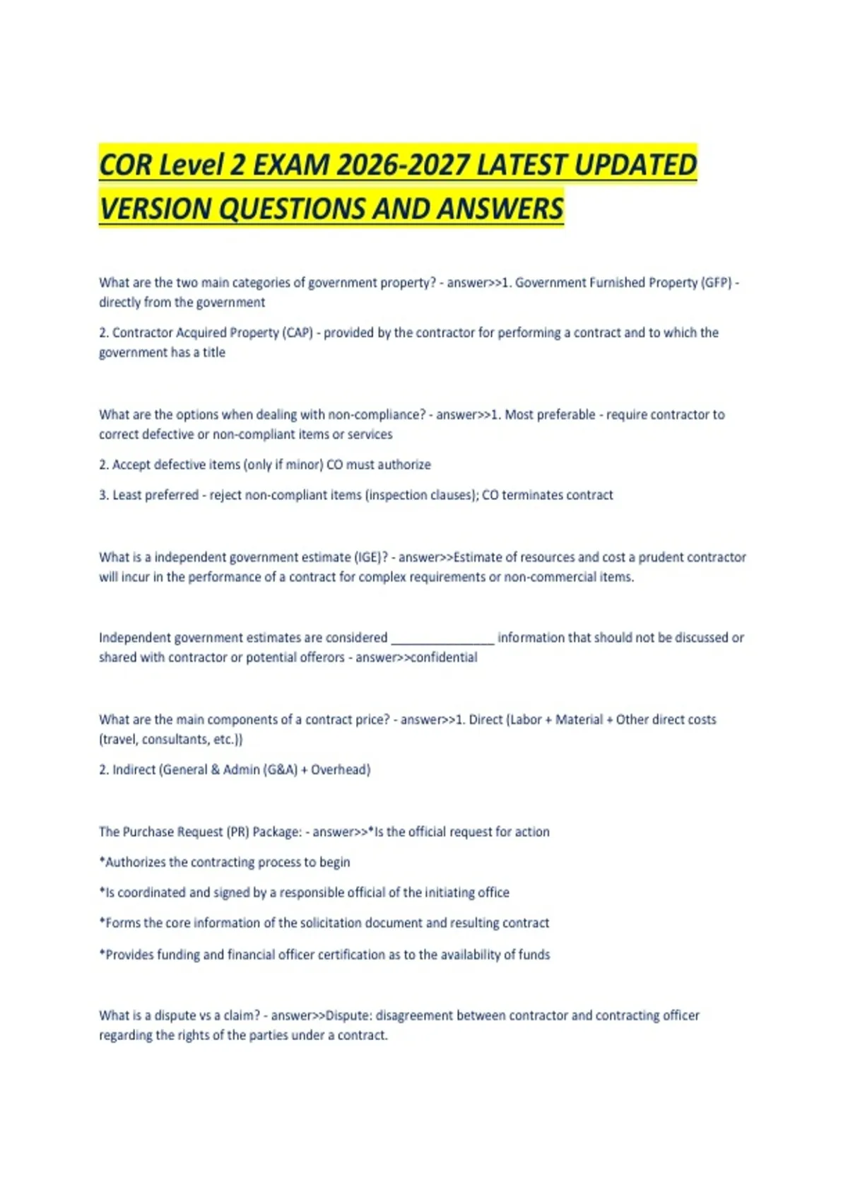 COR Level 2 EXAM LATEST UPDATED VERSION QUESTIONS AND ANSWERS. - Health ...