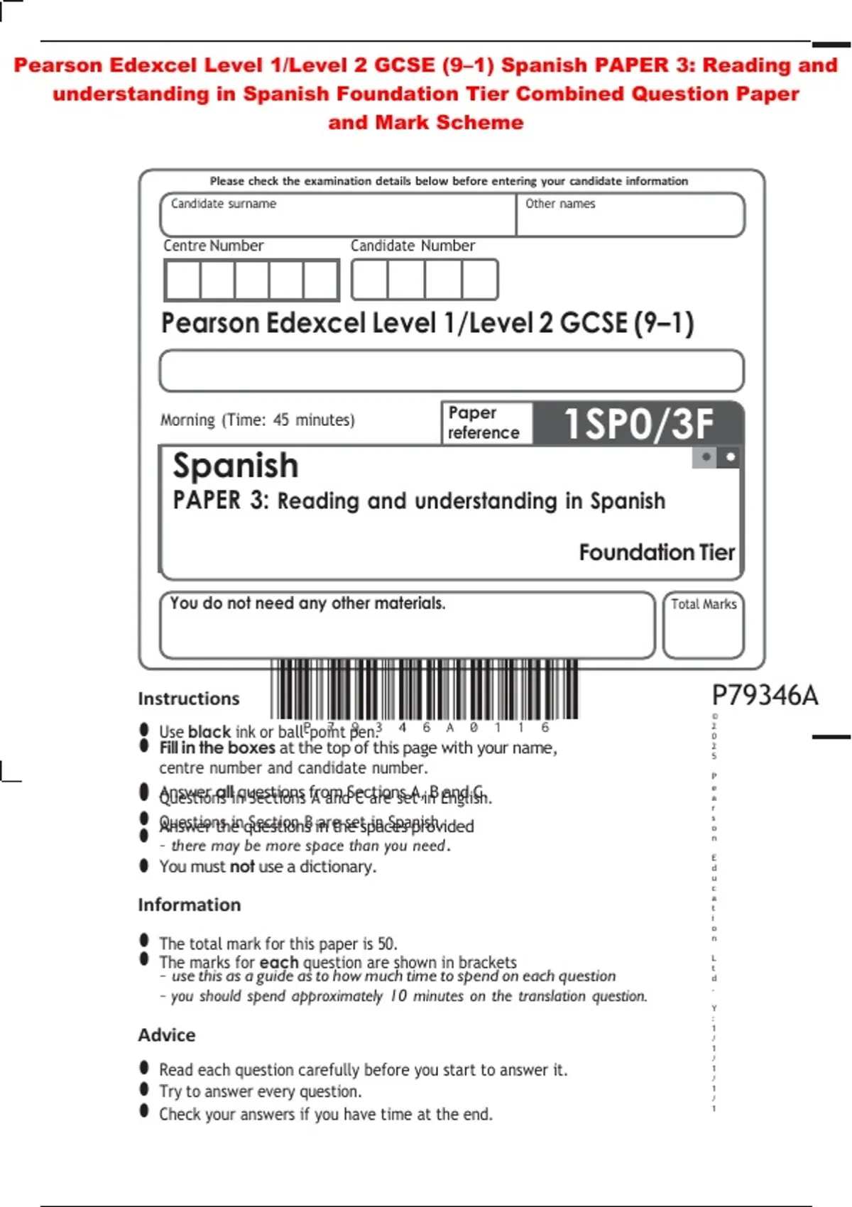 Pearson Spanish Questions Module Pearson Edexcel Level 1/Level 2 GCSE (9–1) Spanish PAPER 3: Reading and ...