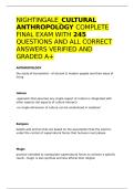 NIGHTINGALE&lowbar;CULTURAL ANTHROPOLOGY COMPLETE FINAL EXAM WITH 245 QUESTIONS AND ALL CORRECT ANSWERS VERIFIED AND GRADED A&plus;