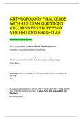 ANTHROPOLOGY FINAL GUIDE WITH 410 EXAM QUESTIONS AND ANSWERS PROFESSOR VERIFIED AND GRADED A&plus;