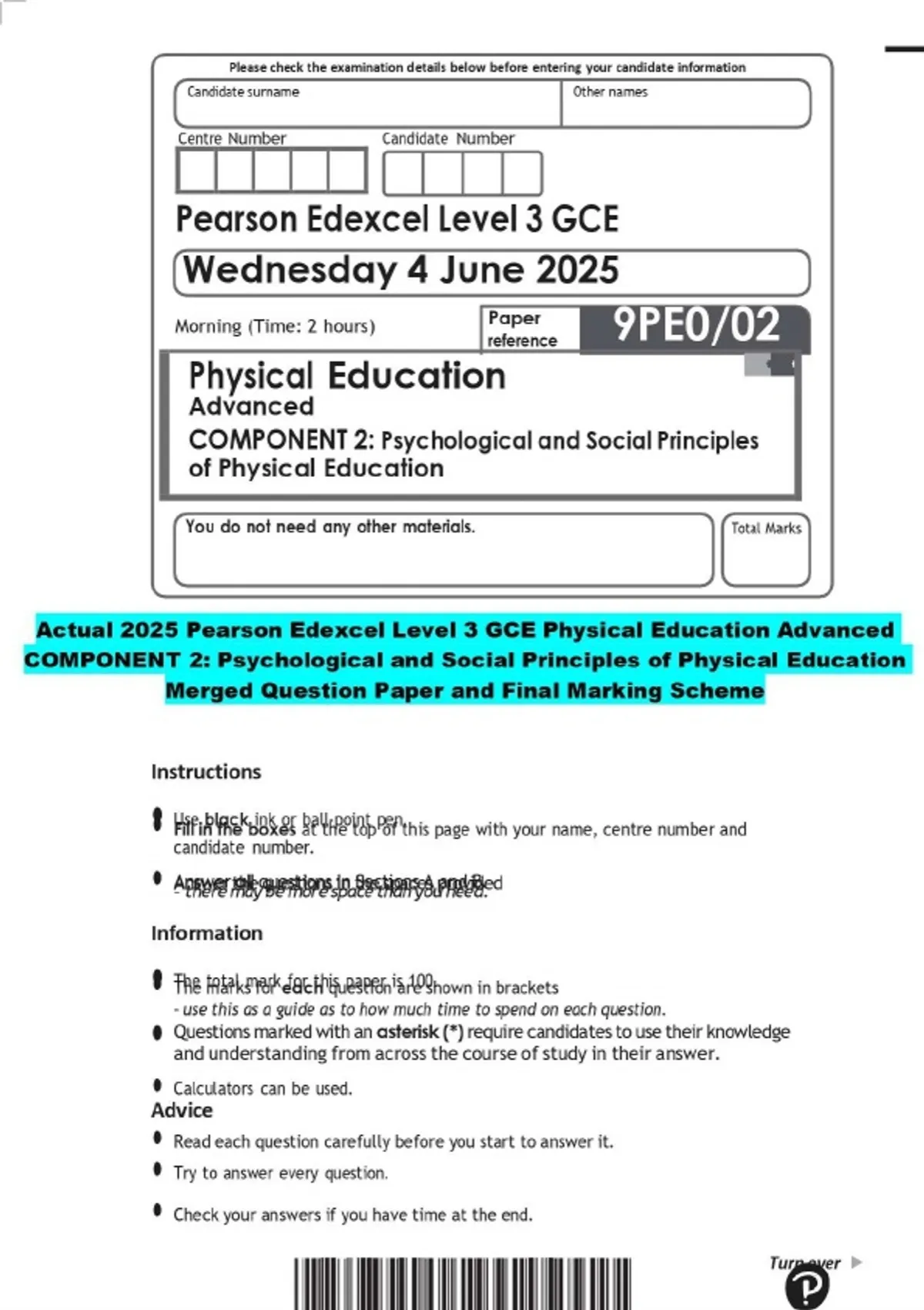 2025 Pearson Edexcel Level 3 GCE Physical Education Advanced COMPONENT ...
