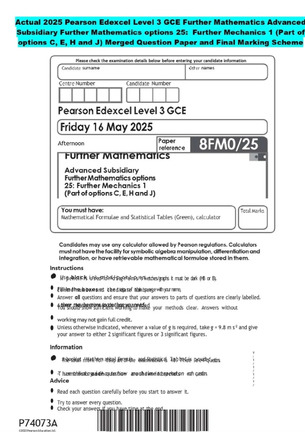 2025 Pearson Edexcel Level 3 GCE Further Mathematics Advanced ...