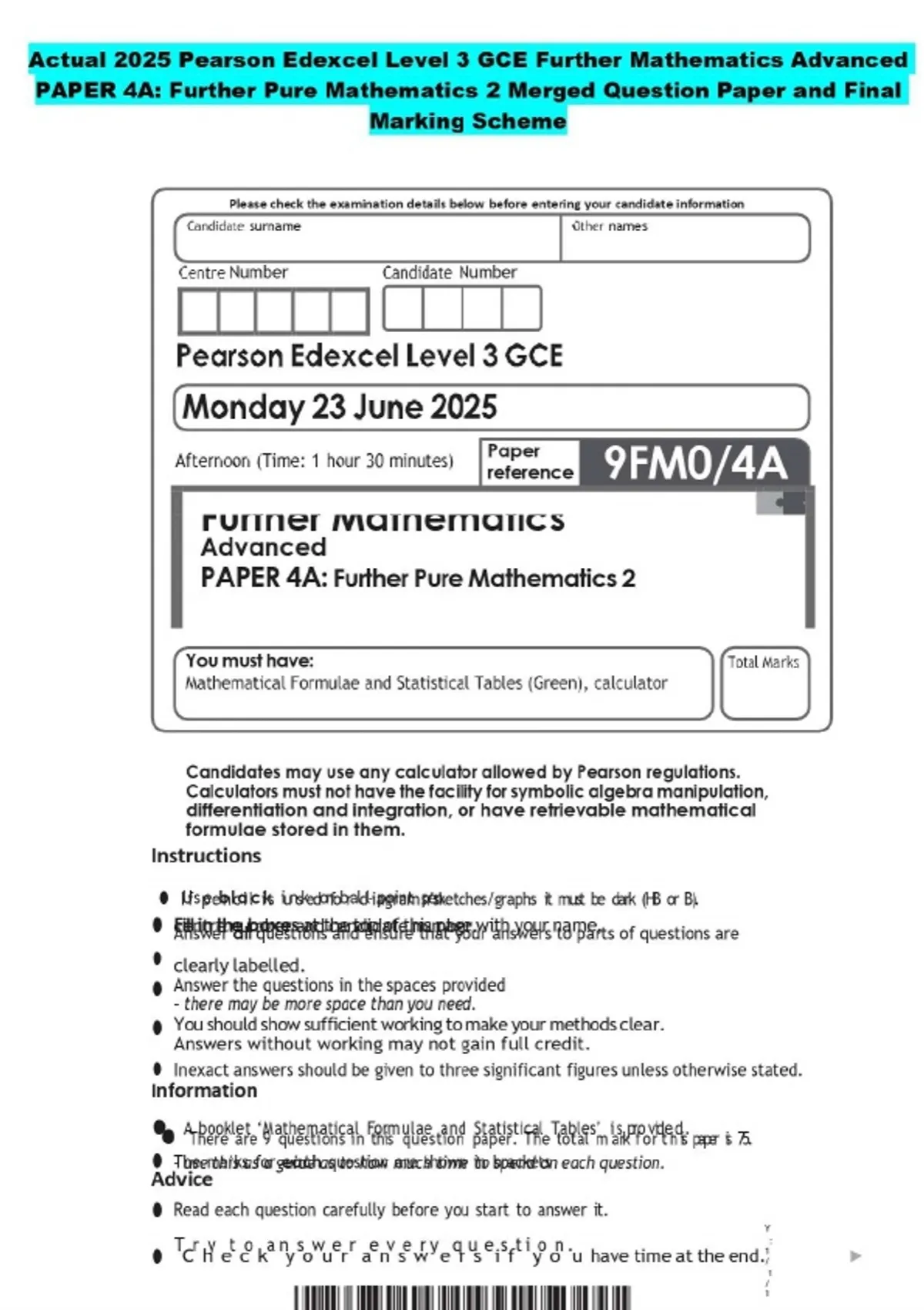 2025 Pearson Edexcel Level 3 GCE Further Mathematics Advanced PAPER 4A ...