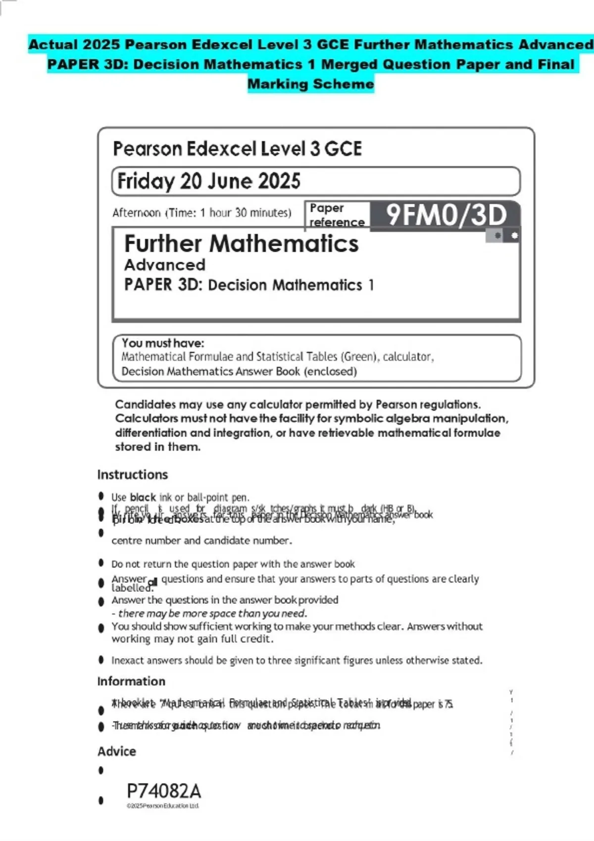 2025 Pearson Edexcel Level 3 GCE Further Mathematics Advanced PAPER 3D ...
