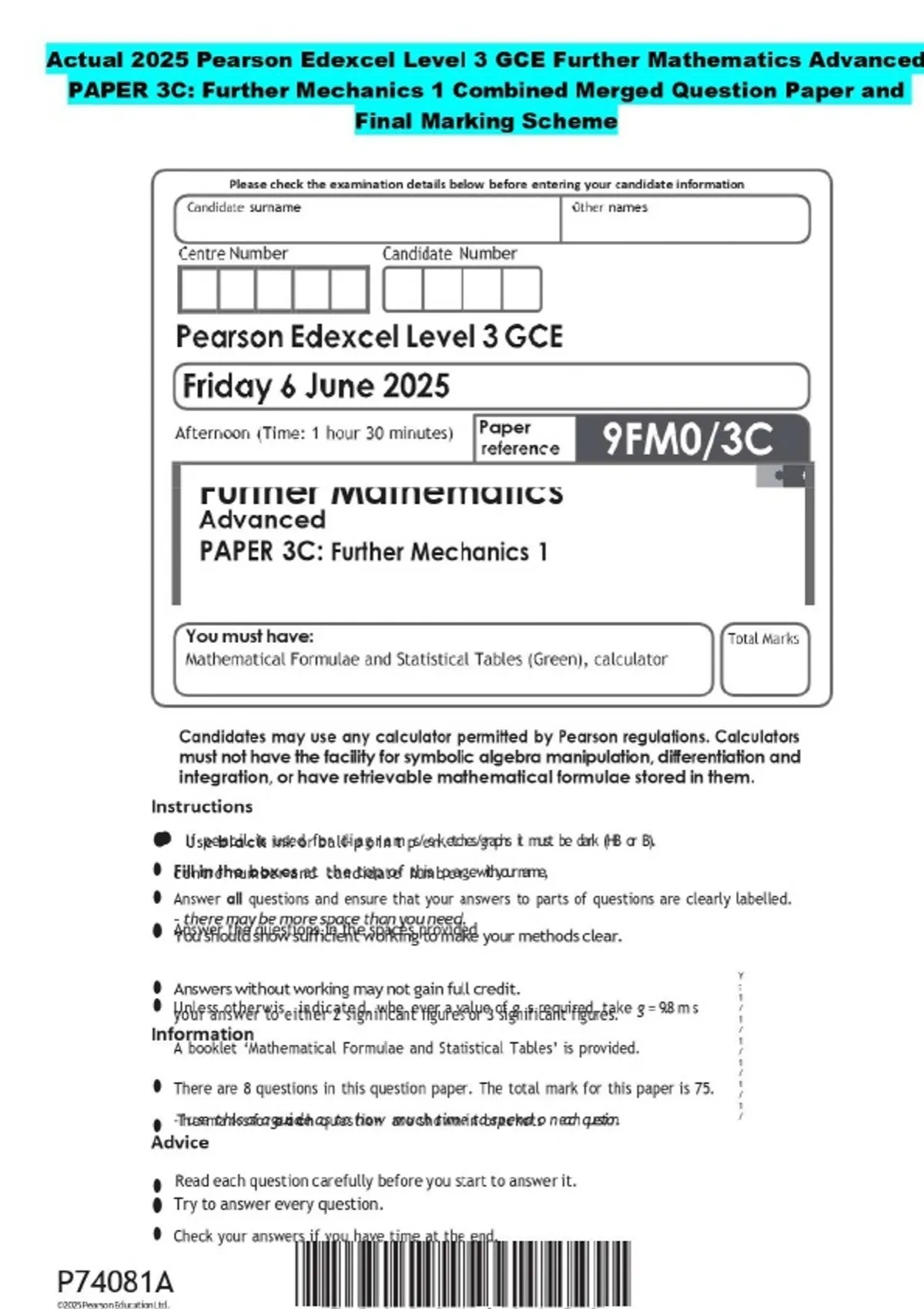 2025 Pearson Edexcel Level 3 GCE Further Mathematics Advanced PAPER 3C ...