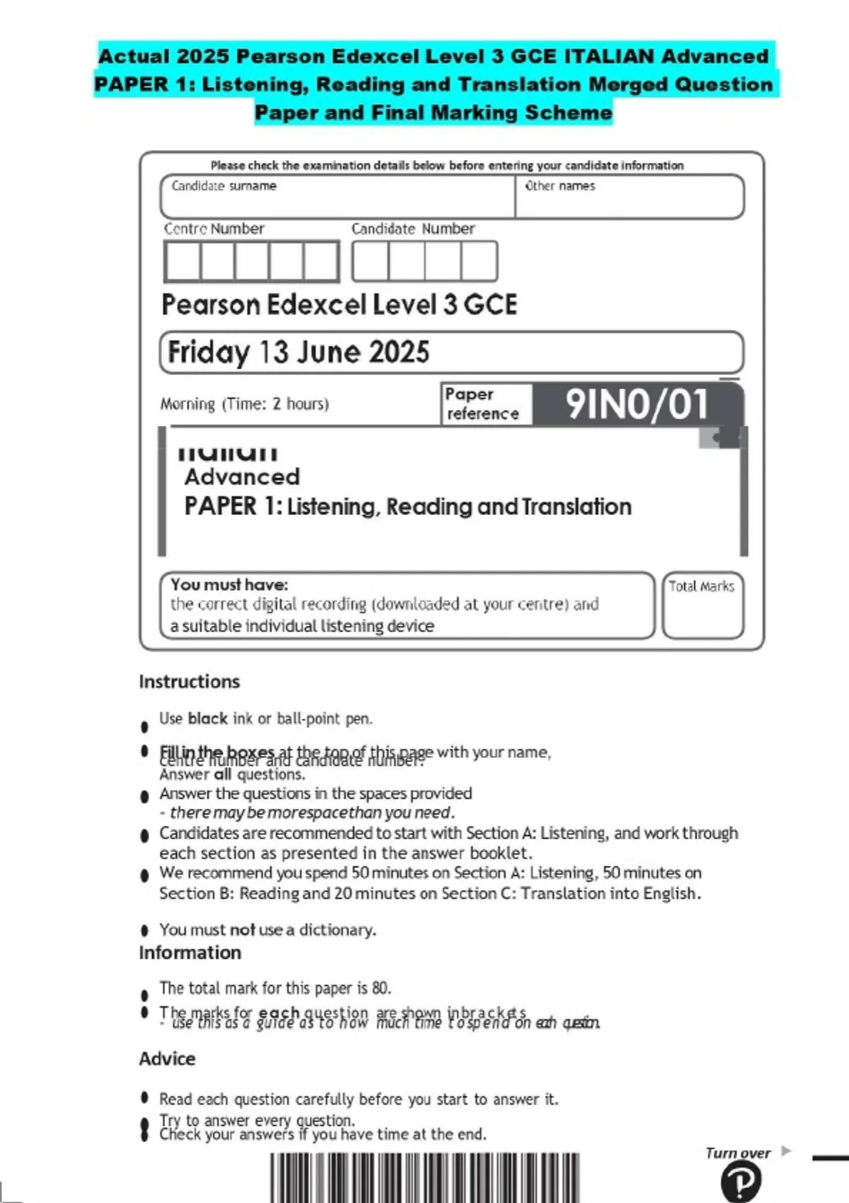 2025 Pearson Edexcel Level 3 GCE ITALIAN Advanced PAPER 1: Listening ...