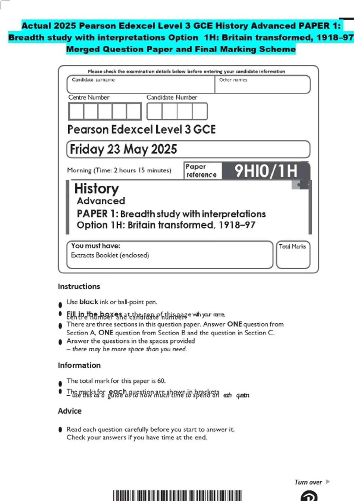 2025 Pearson Edexcel Level 3 GCE History Advanced PAPER 1: Breadth ...