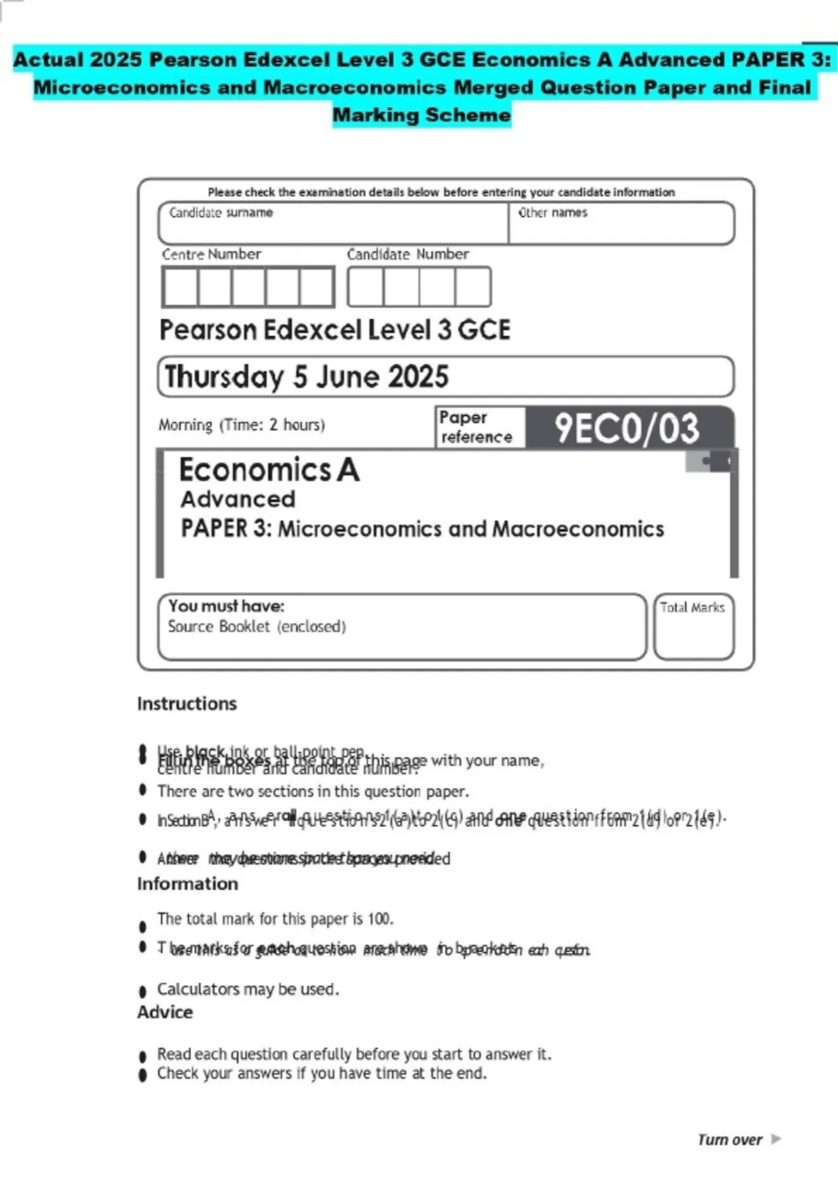 2025 Pearson Edexcel Level 3 GCE Economics A Advanced PAPER 3 ...