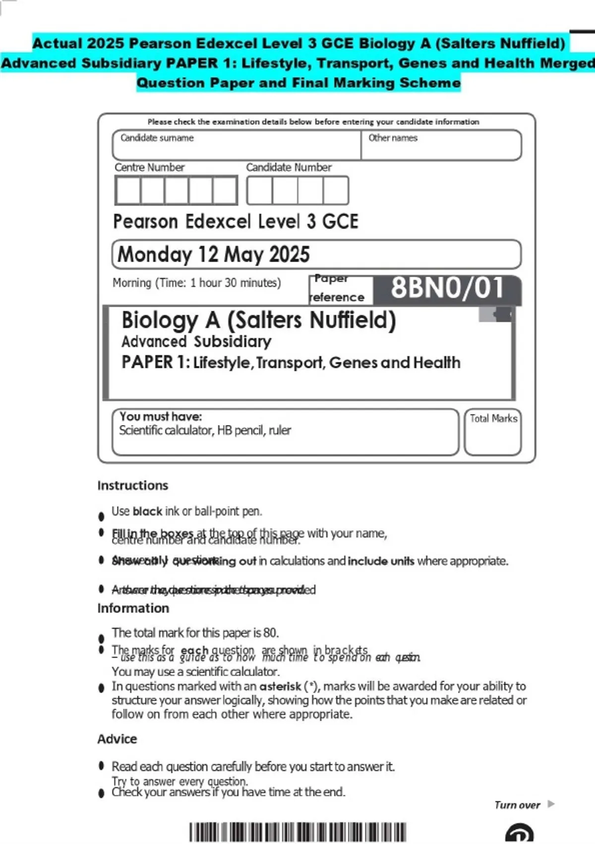 2025 Pearson Edexcel Level 3 GCE Biology A (Salters Nuffield) Advanced ...