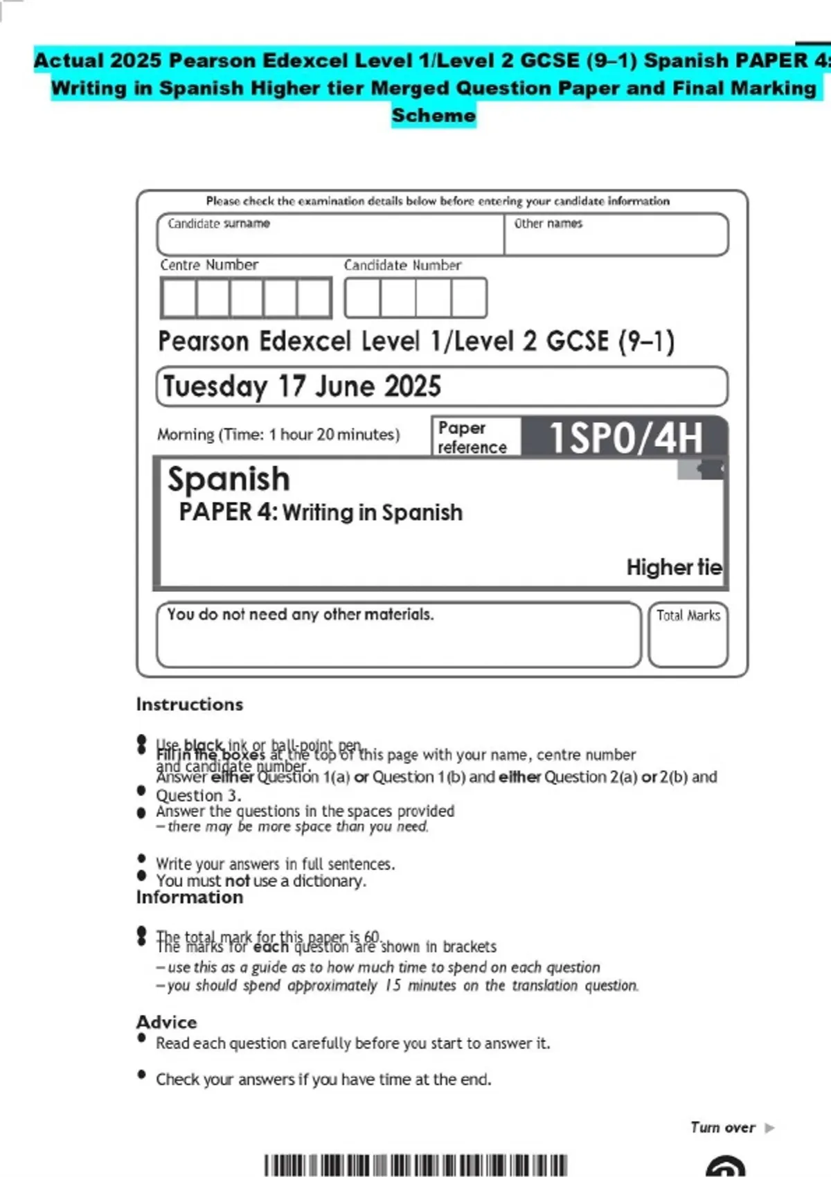 2025 Pearson Edexcel Level 1/Level 2 GCSE (9–1) Spanish PAPER 4 ...