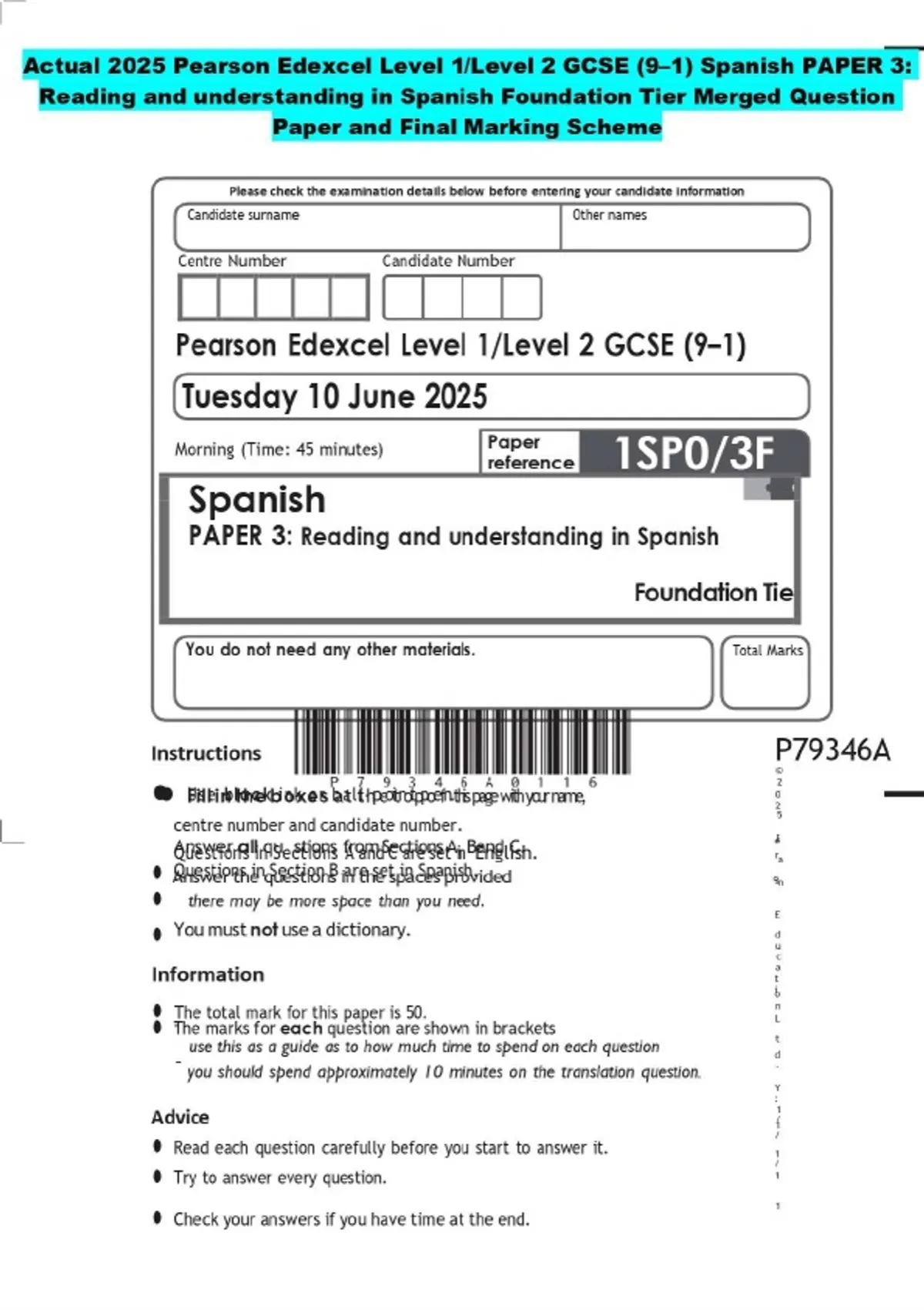 2025 Pearson Edexcel Level 1/Level 2 GCSE (9–1) Spanish PAPER 3 ...