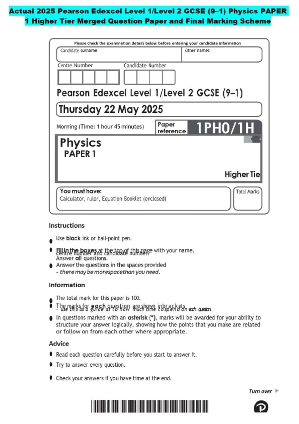 2025 Pearson Edexcel Level 1/Level 2 GCSE (9–1) Physics PAPER 1 Higher ...