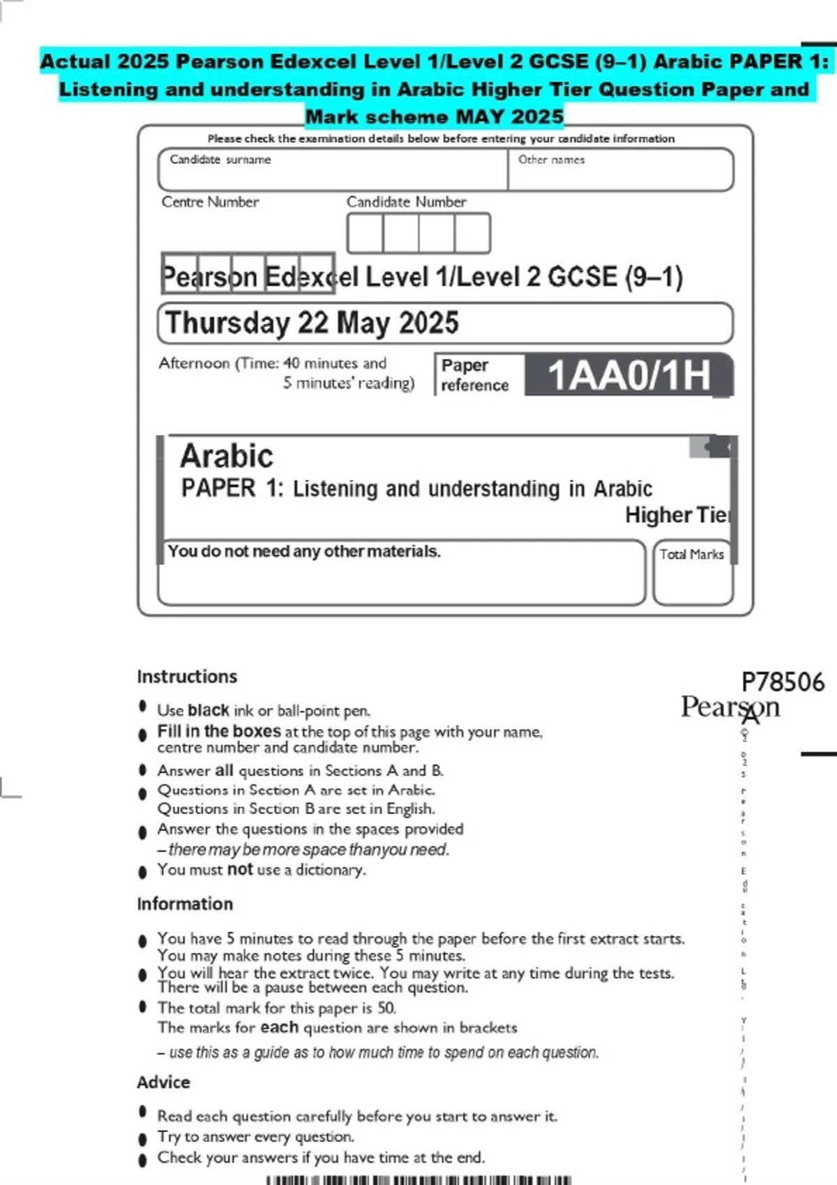 2025 Pearson Edexcel Level 1/Level 2 GCSE (9–1) Arabic PAPER 1 ...