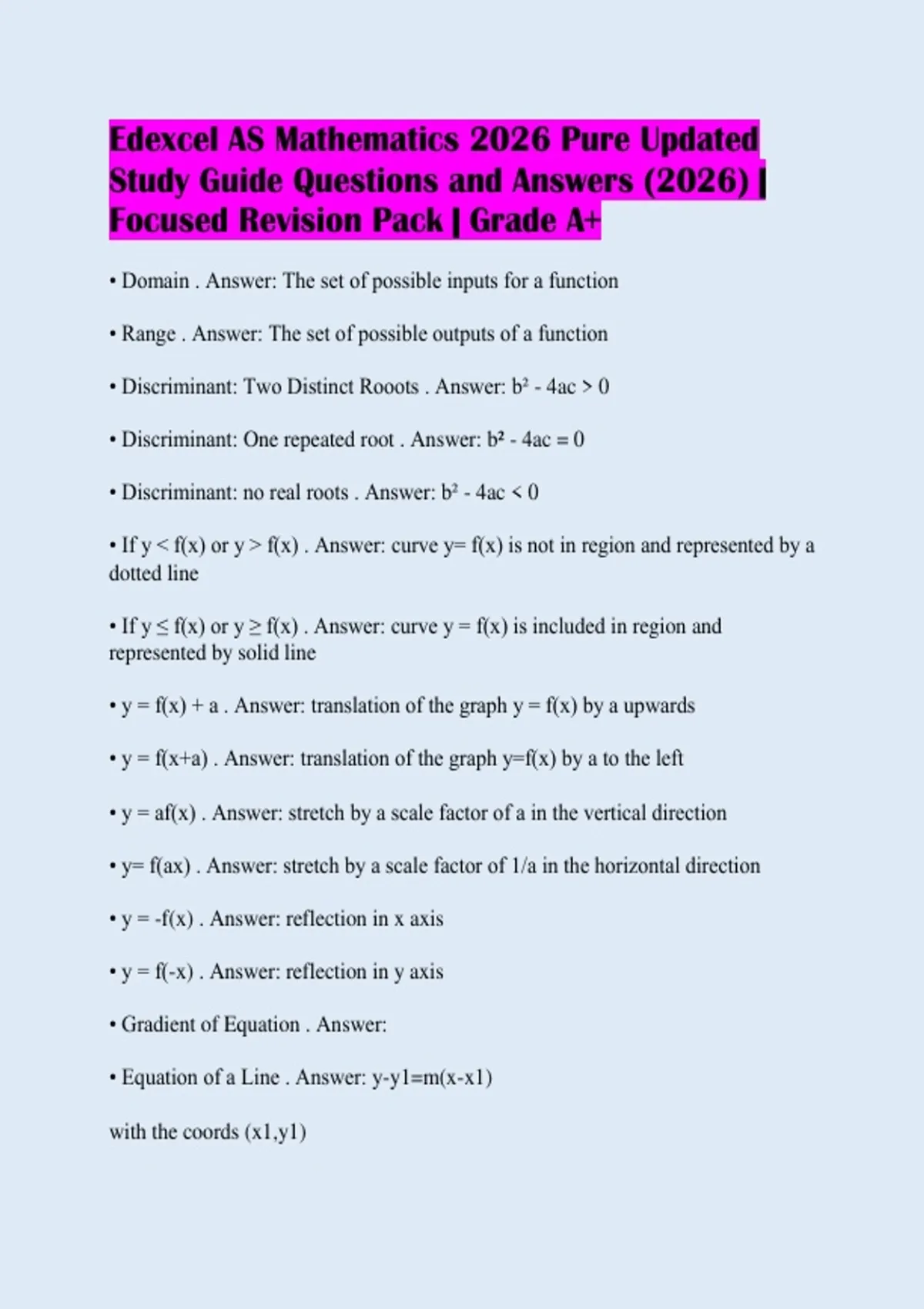 Edexcel AS Mathematics 2026 Pure Updated Study Guide Questions and ...