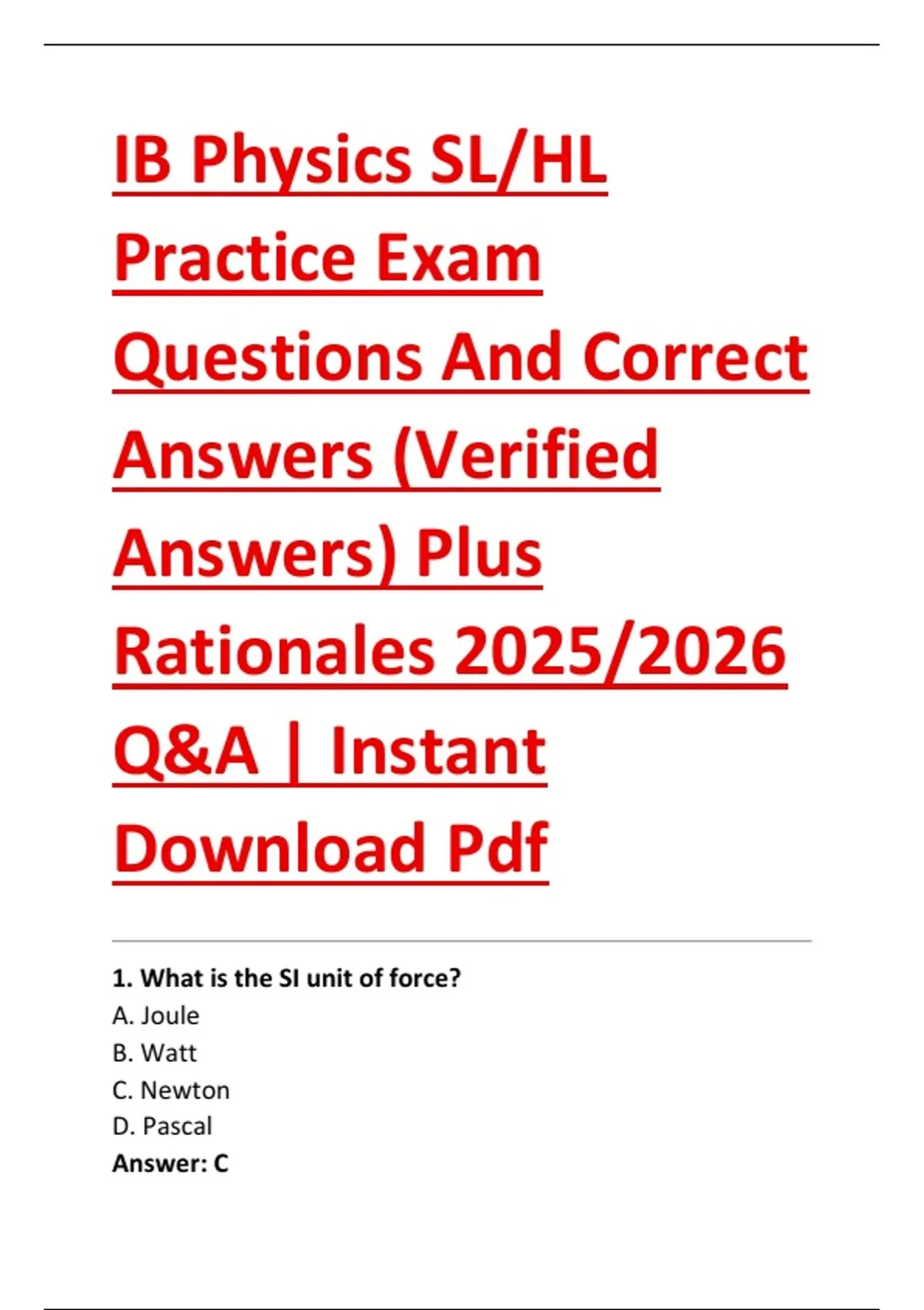 IB Physics SL/HL Practice Exam Questions And Correct Answers (Verified ...