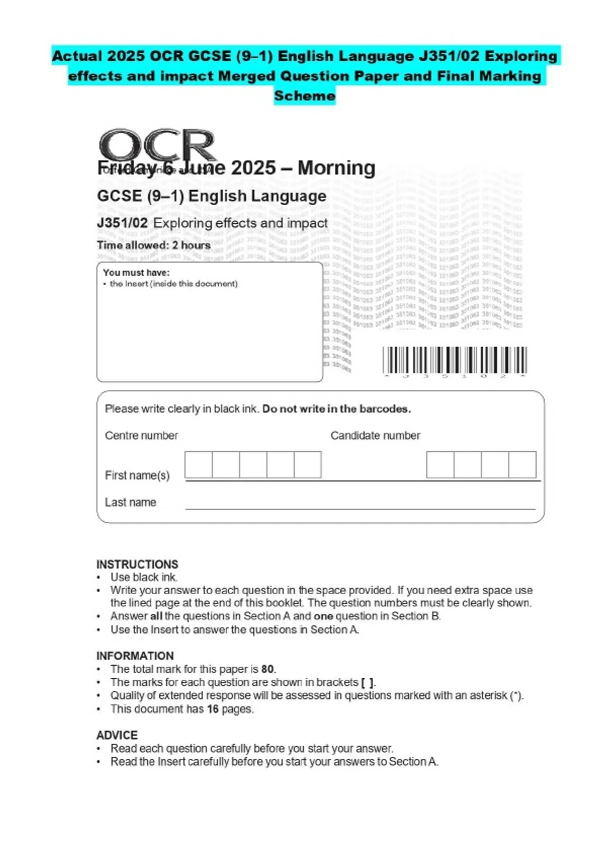 Ocr Gcse Reference Language Code 2025 OCR GCSE (9–1) English Language J351/02 Exploring effects and ...