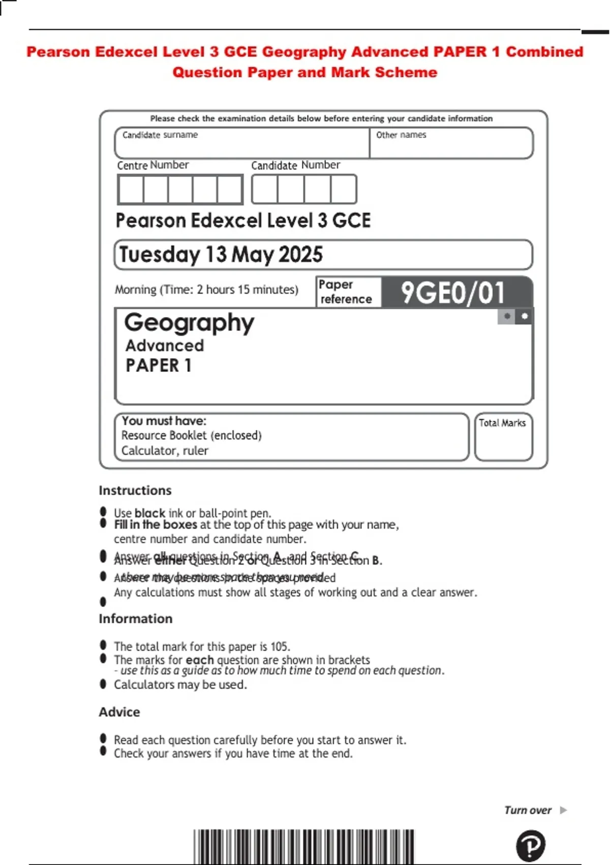 Pearson Edexcel Level 3 GCE Geography Advanced PAPER 1 Combined ...