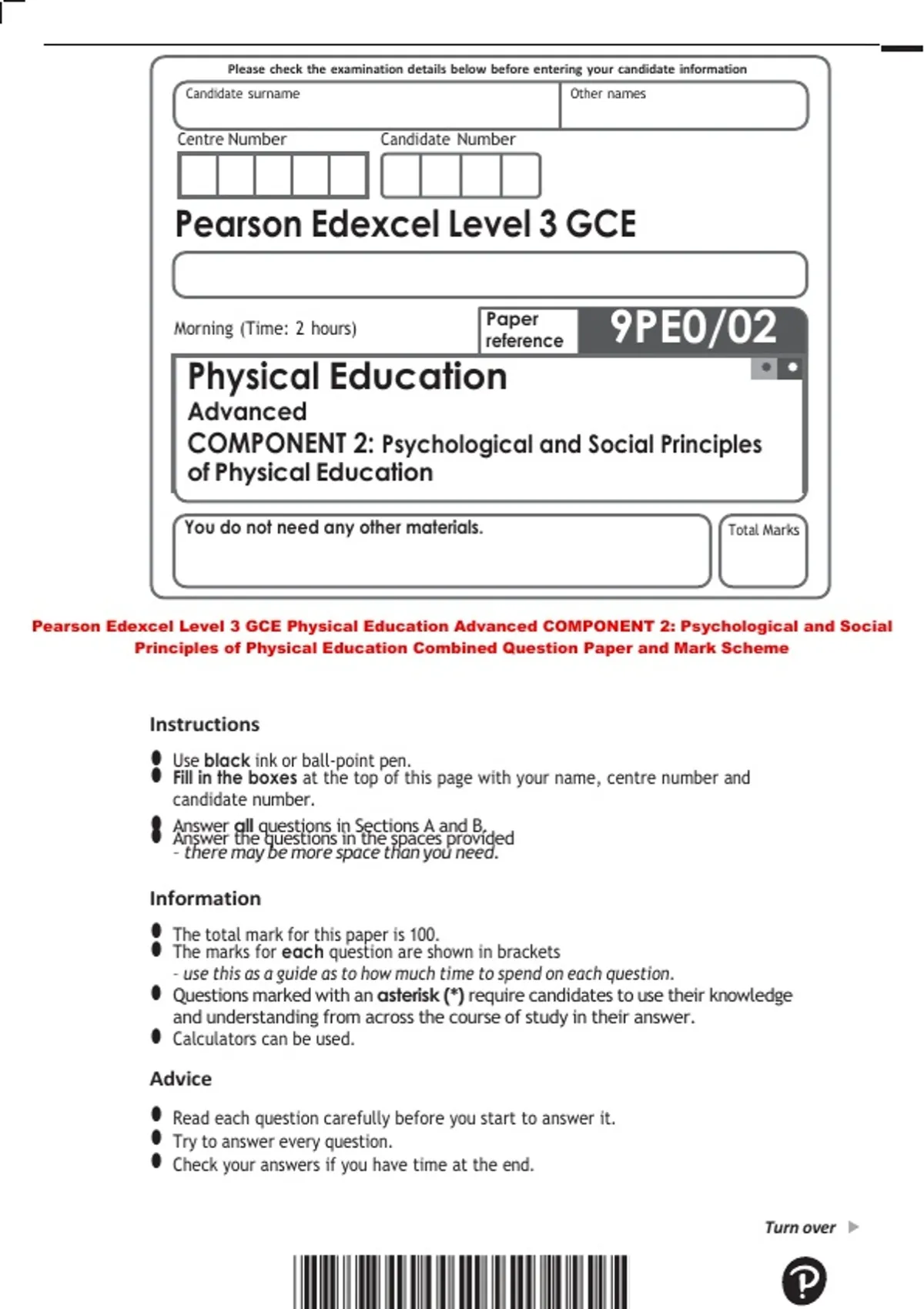 Pearson Edexcel Level 3 GCE Physical Education Advanced COMPONENT 2 ...