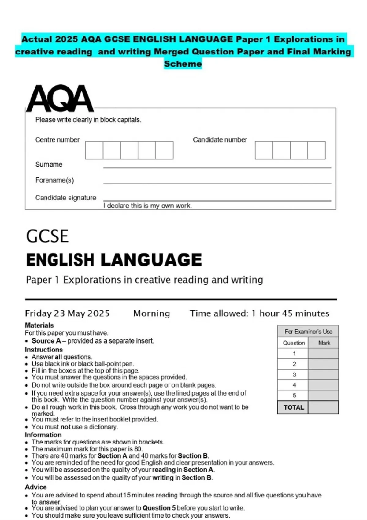2025 AQA GCSE ENGLISH LANGUAGE Paper 1 Explorations in creative reading ...