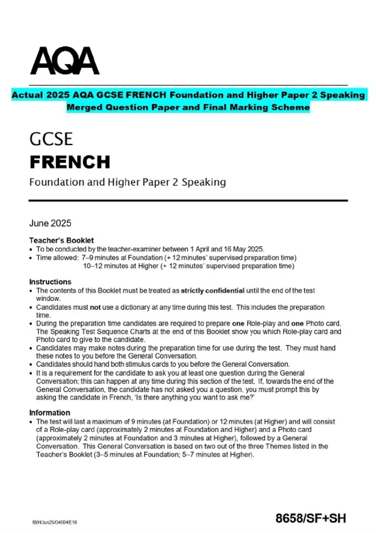 2025 AQA GCSE FRENCH Foundation and Higher Paper 2 Speaking Merged ...