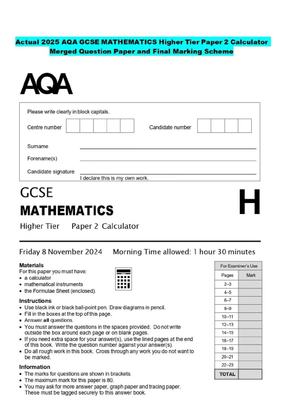 2025 AQA GCSE MATHEMATICS Higher Tier Paper 2 Calculator Merged ...