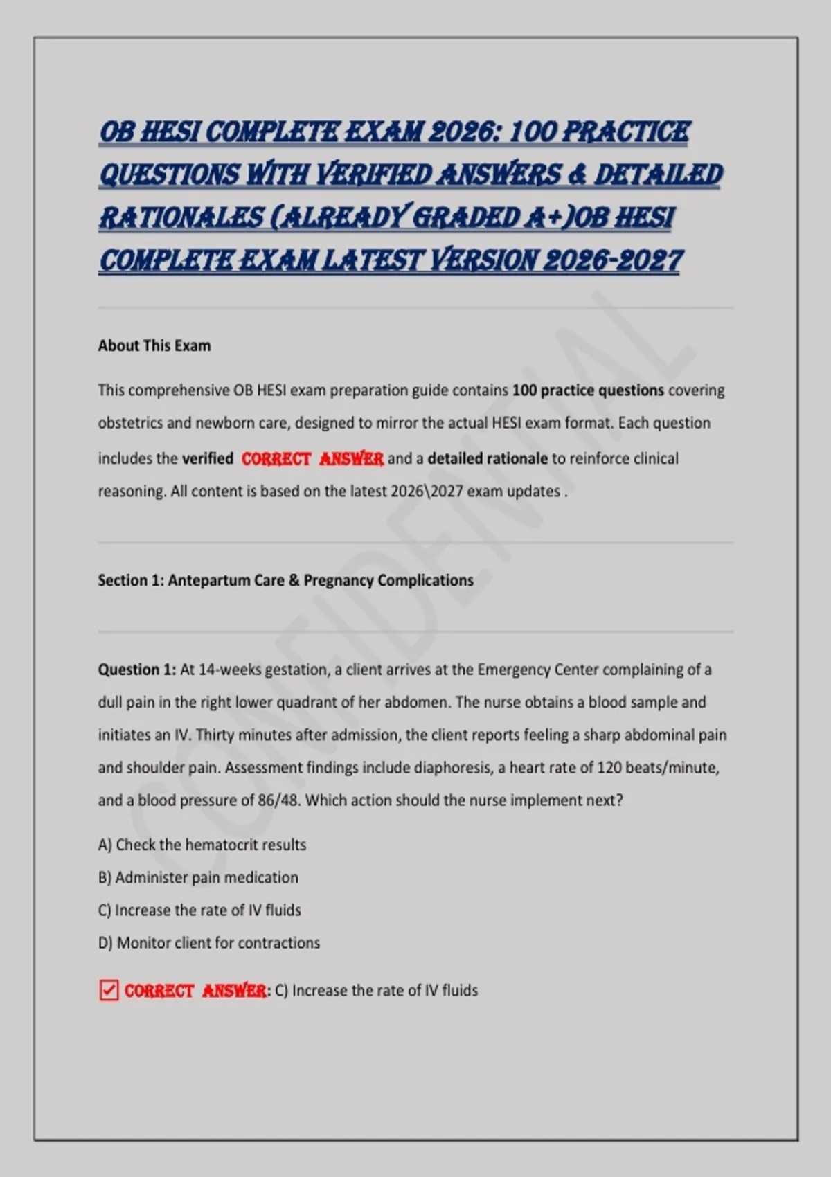 OB HESI Complete Exam 2026: 100 Practice Questions with Verified ...