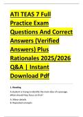 ATI TEAS 7 Full &NewLine;Practice Exam &NewLine;Questions And Correct &NewLine;Answers &lpar;Verified &NewLine;Answers&rpar; Plus &NewLine;Rationales 2025&sol;2026 &NewLine;Q&A &vert; Instant &NewLine;Download Pdf 