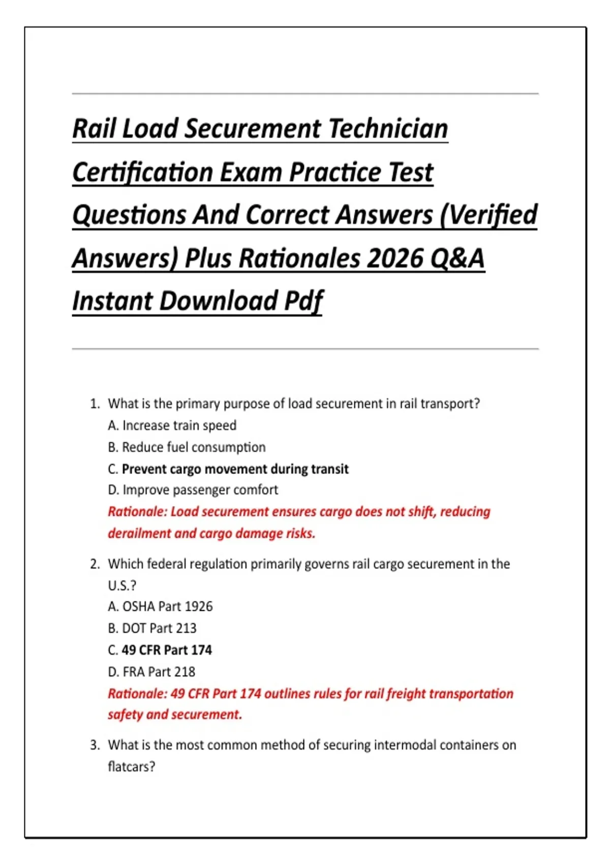 Rail Load Securement Technician Certification Exam Practice Test ...