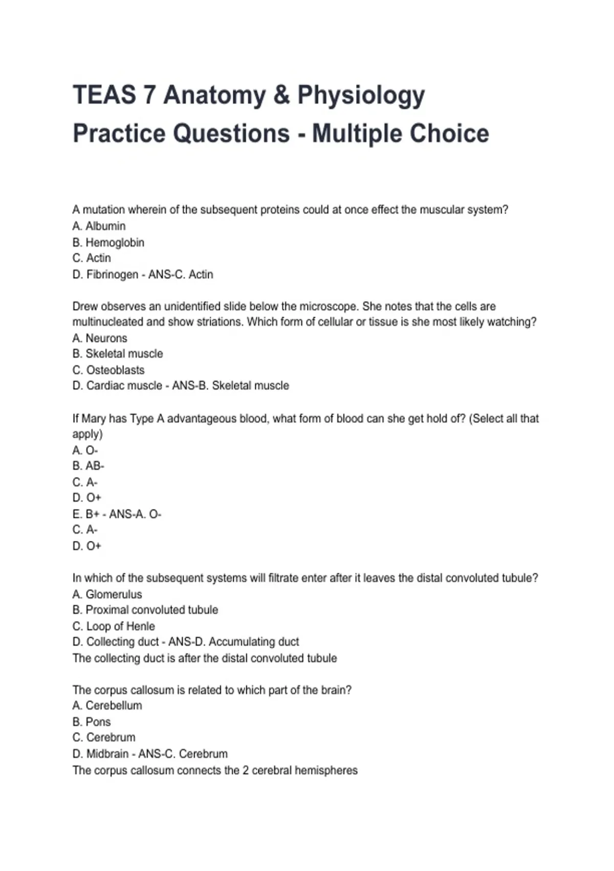 TEAS 7 Anatomy &amp; Physiology Practice Questions - Multiple Choice REVISED AND UPDATED FOR 2026/ ...