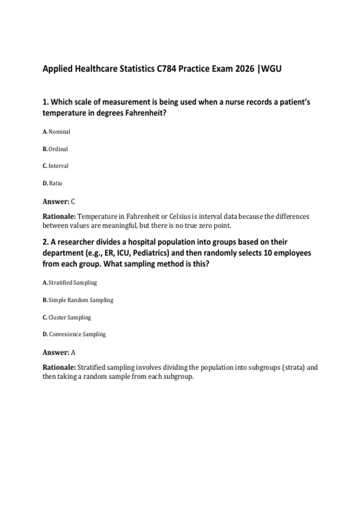 Applied Healthcare Statistics C784 Practice Exam 2026 |WGU - C784 ...