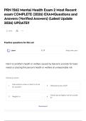 PRN 1562 Mental Health Exam 2 Most Recent exam COMPLETE &lpar;2026&rpar; EXAMQuestions and Answers &lpar;Verified Answers&rpar; &lpar;Latest Update 2026&rpar; UPDATE&excl;&excl;