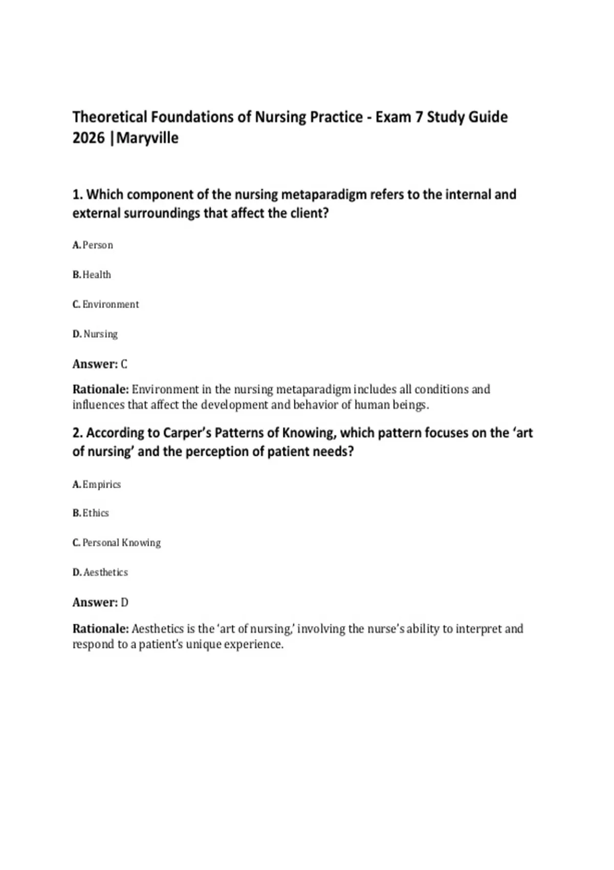 Theoretical Foundations of Nursing Practice - Exam 7 Study Guide 2026 ...