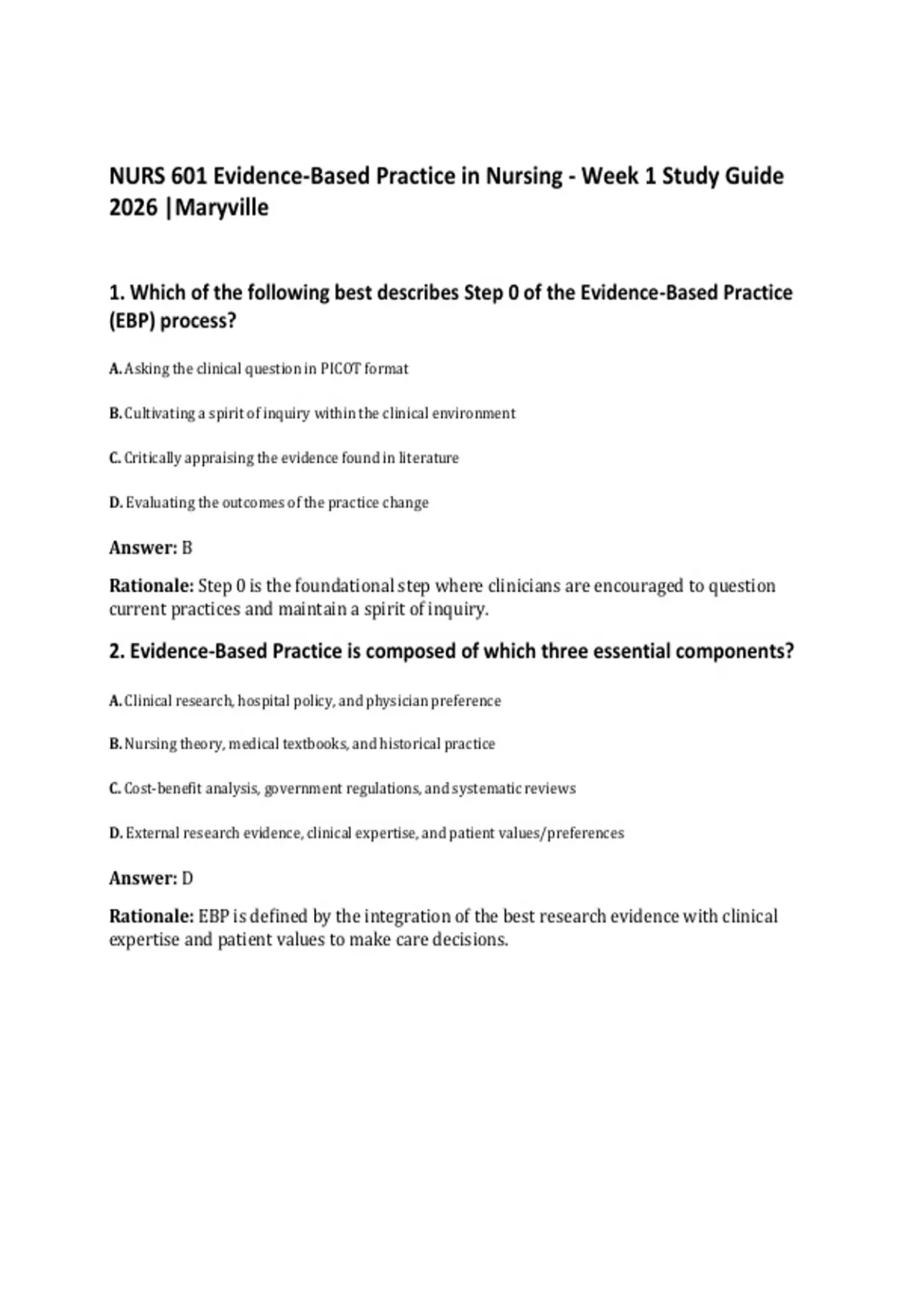 NURS 601 Evidence-Based Practice in Nursing - Week 1 Study Guide 2026 ...