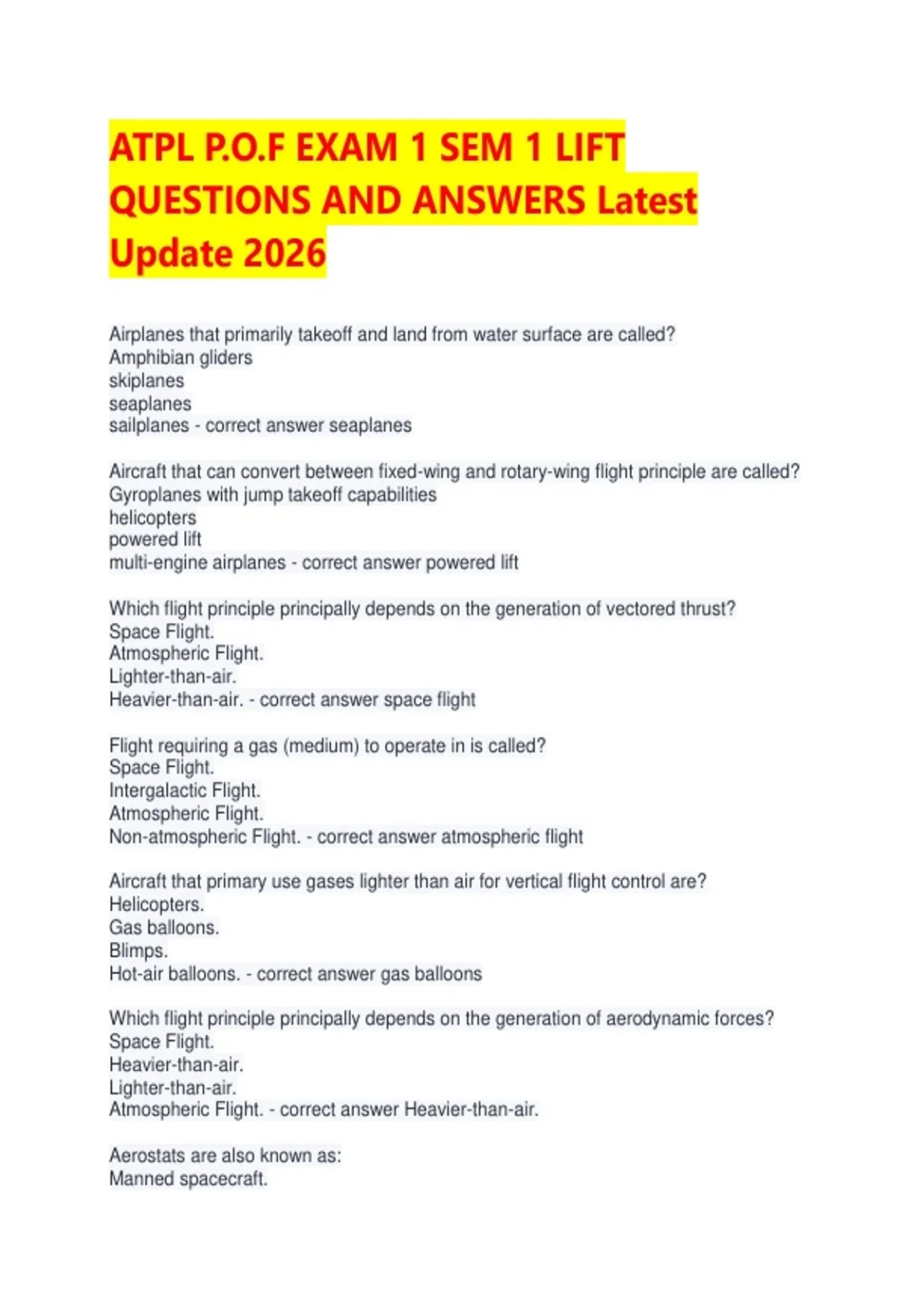 ATPL P.O.F EXAM 1 SEM 1 LIFT QUESTIONS AND ANSWERS Latest Update 2026 ...