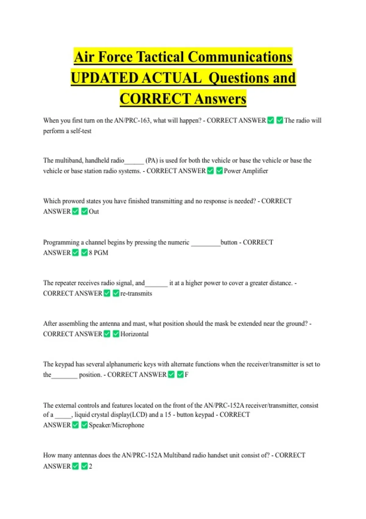 Air Force Tactical Communications UPDATED ACTUAL Questions and CORRECT ...