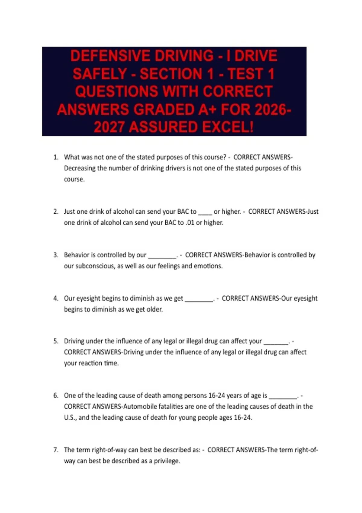 Test Drive Questions DEFENSIVE DRIVING - I DRIVE SAFELY - SECTION 1 - TEST 1 QUESTIONS WITH ...